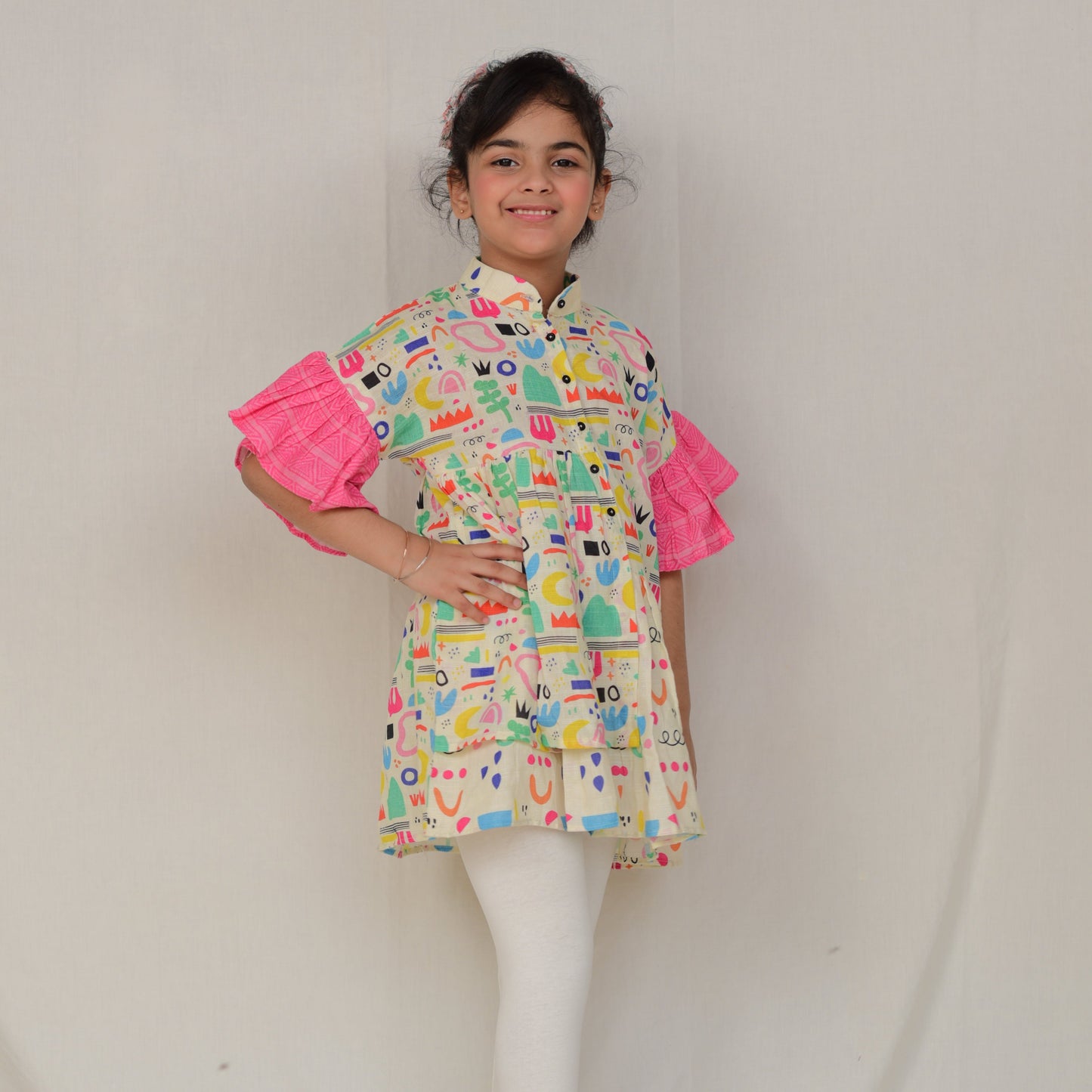 2 Pc Colorful Printed KurtI for Girls - Pink Sleeves and White Leggings