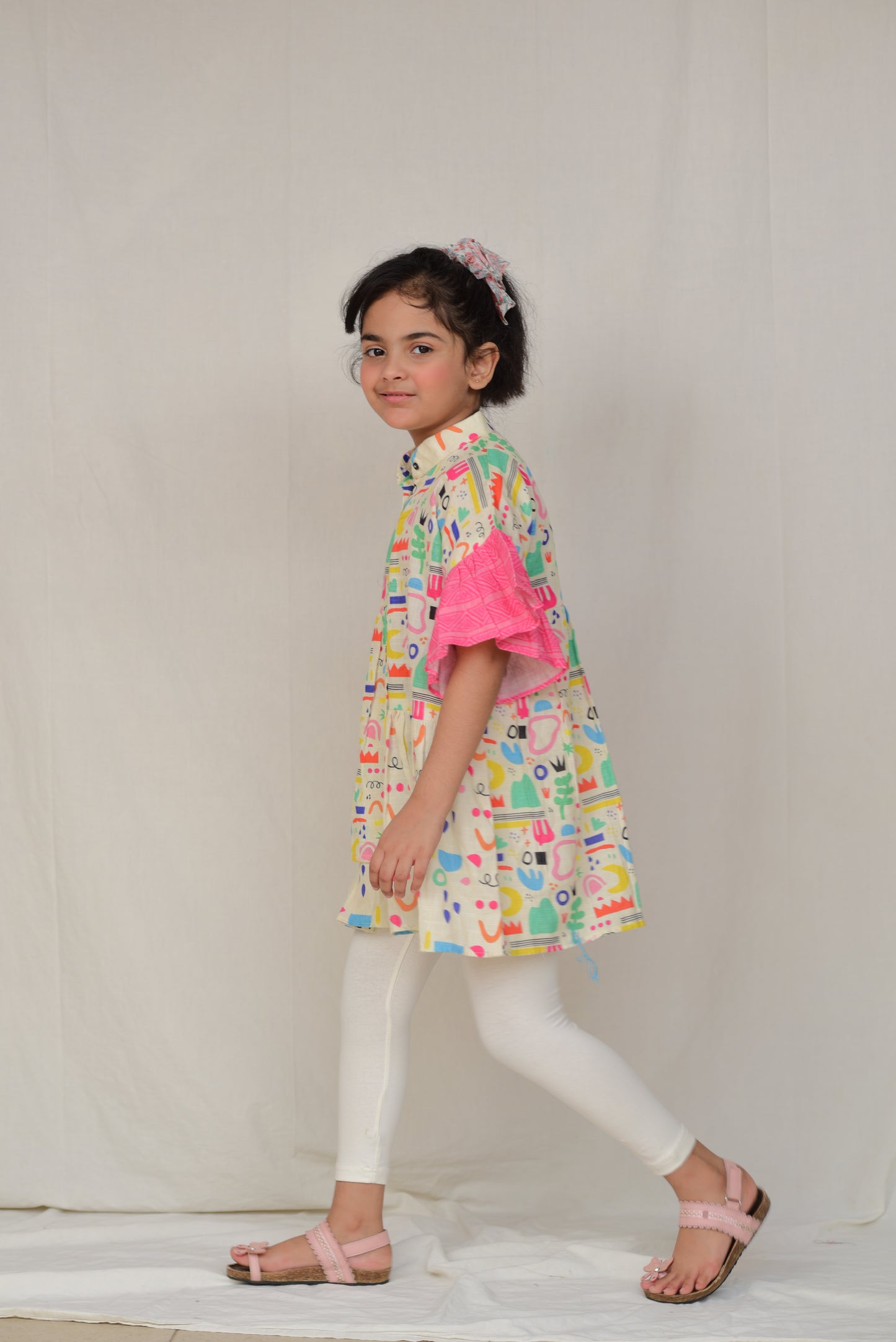 2 Pc Colorful Printed KurtI for Girls - Pink Sleeves and White Leggings