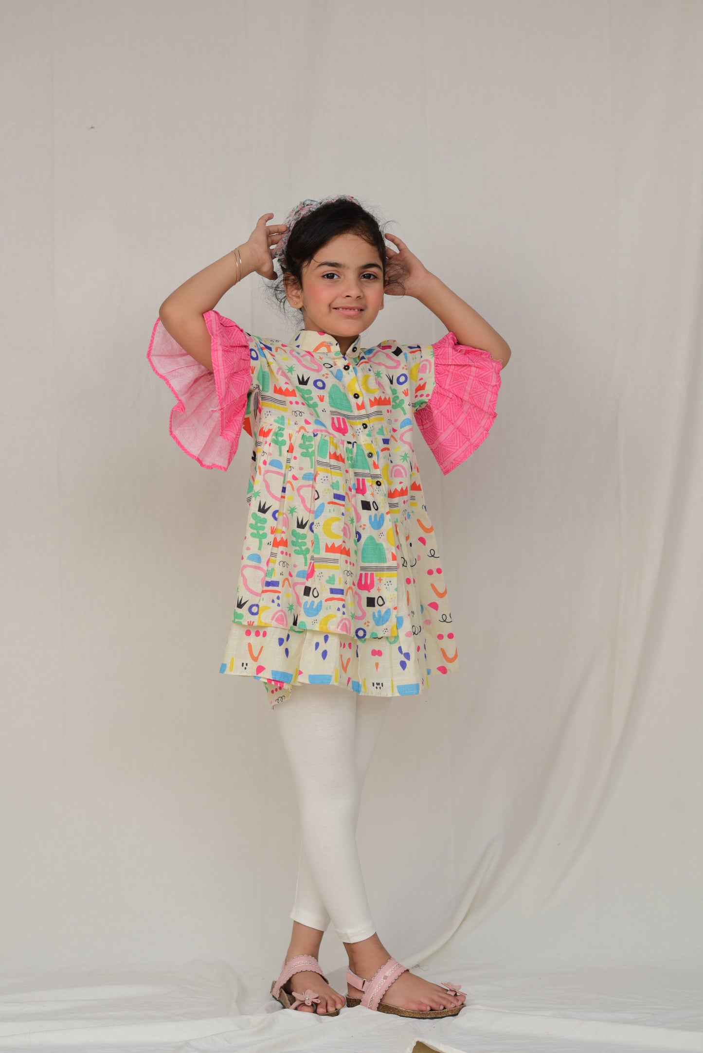 2 Pc Colorful Printed KurtI for Girls - Pink Sleeves and White Leggings