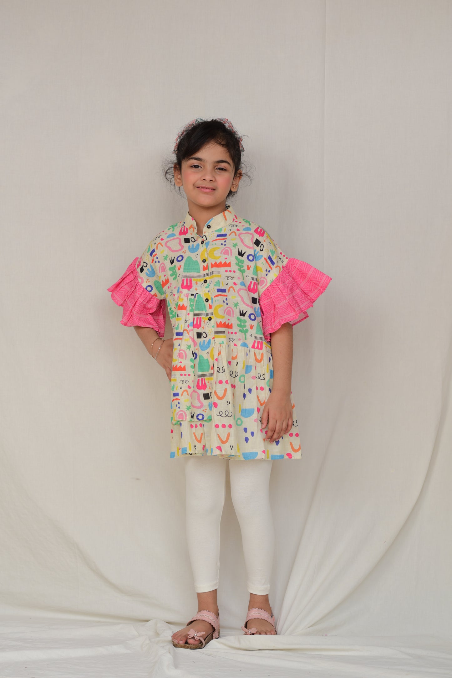 2 Pc Colorful Printed KurtI for Girls - Pink Sleeves and White Leggings