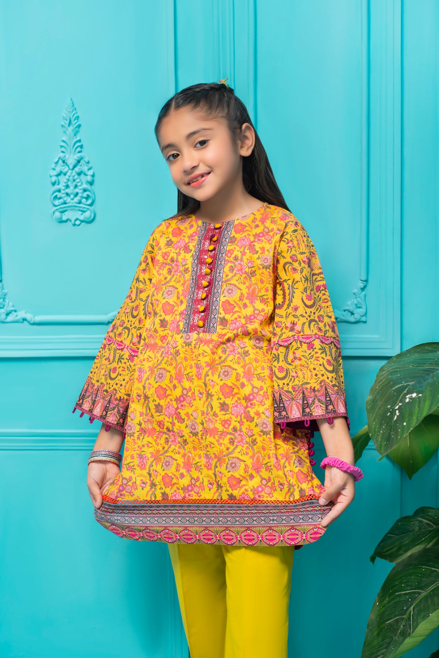 Vibrant Yellow Floral Kurti for Girls with Intricate Pink Printing Ready To Wear