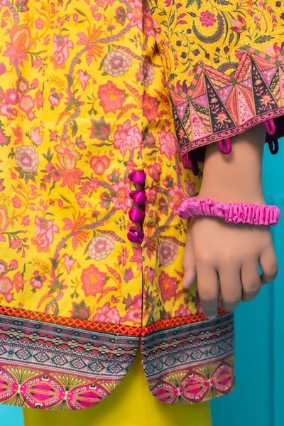 Vibrant Yellow Floral Kurti for Girls with Intricate Pink Printing Ready To Wear