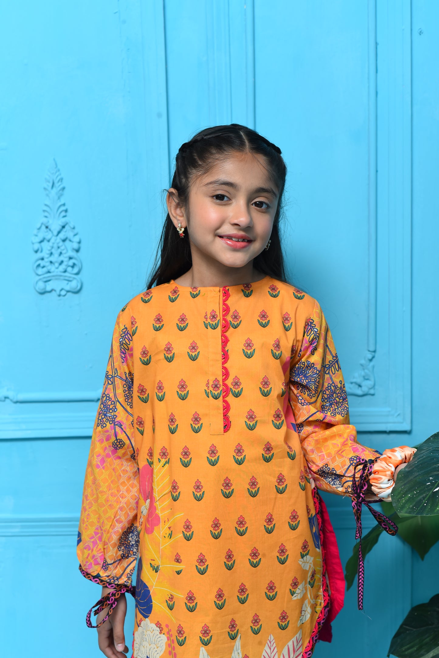 Bright Floral Printed Kids Kurta in Warm Yellow with Playful Patterns