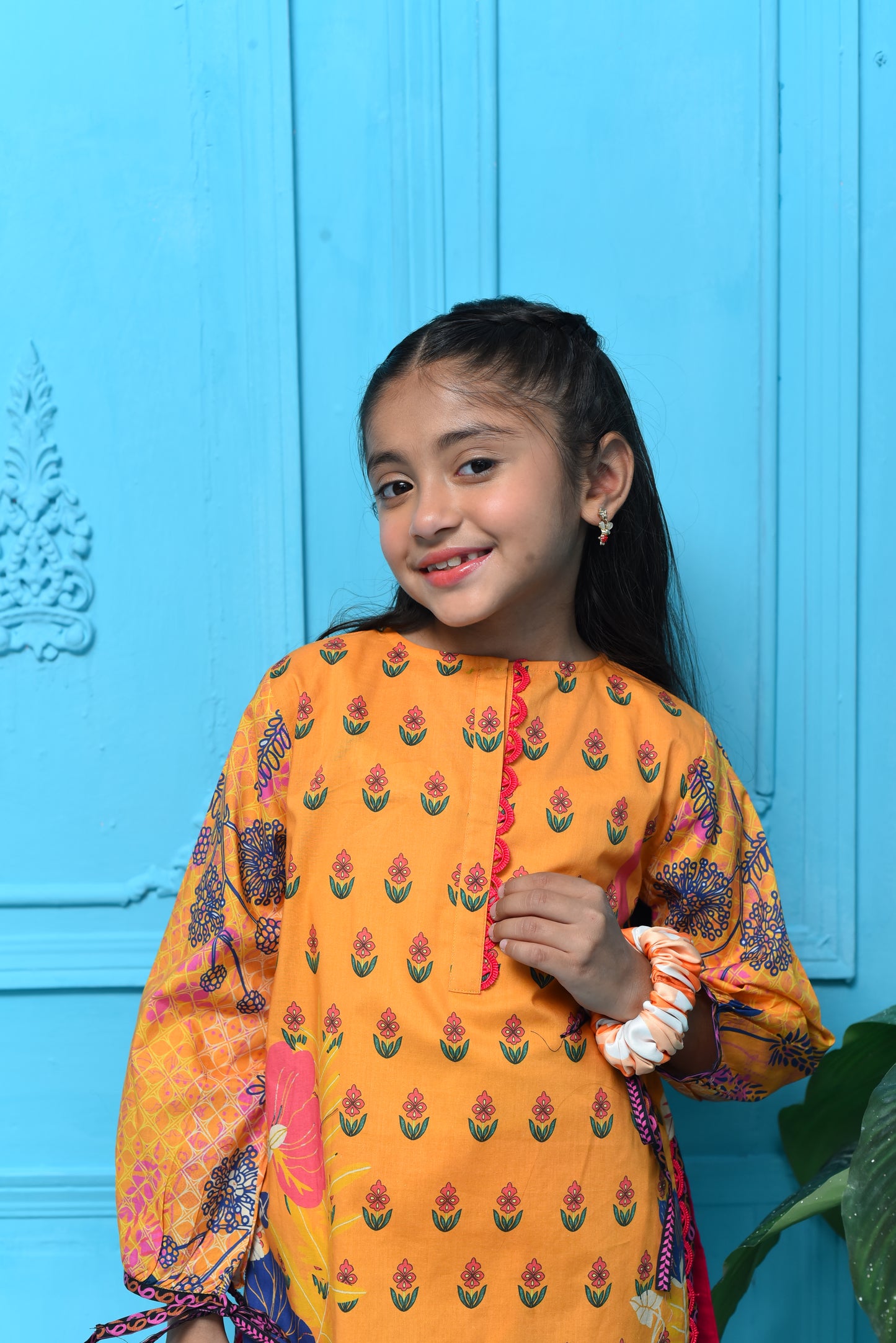 Bright Floral Printed Kids Kurta in Warm Yellow with Playful Patterns