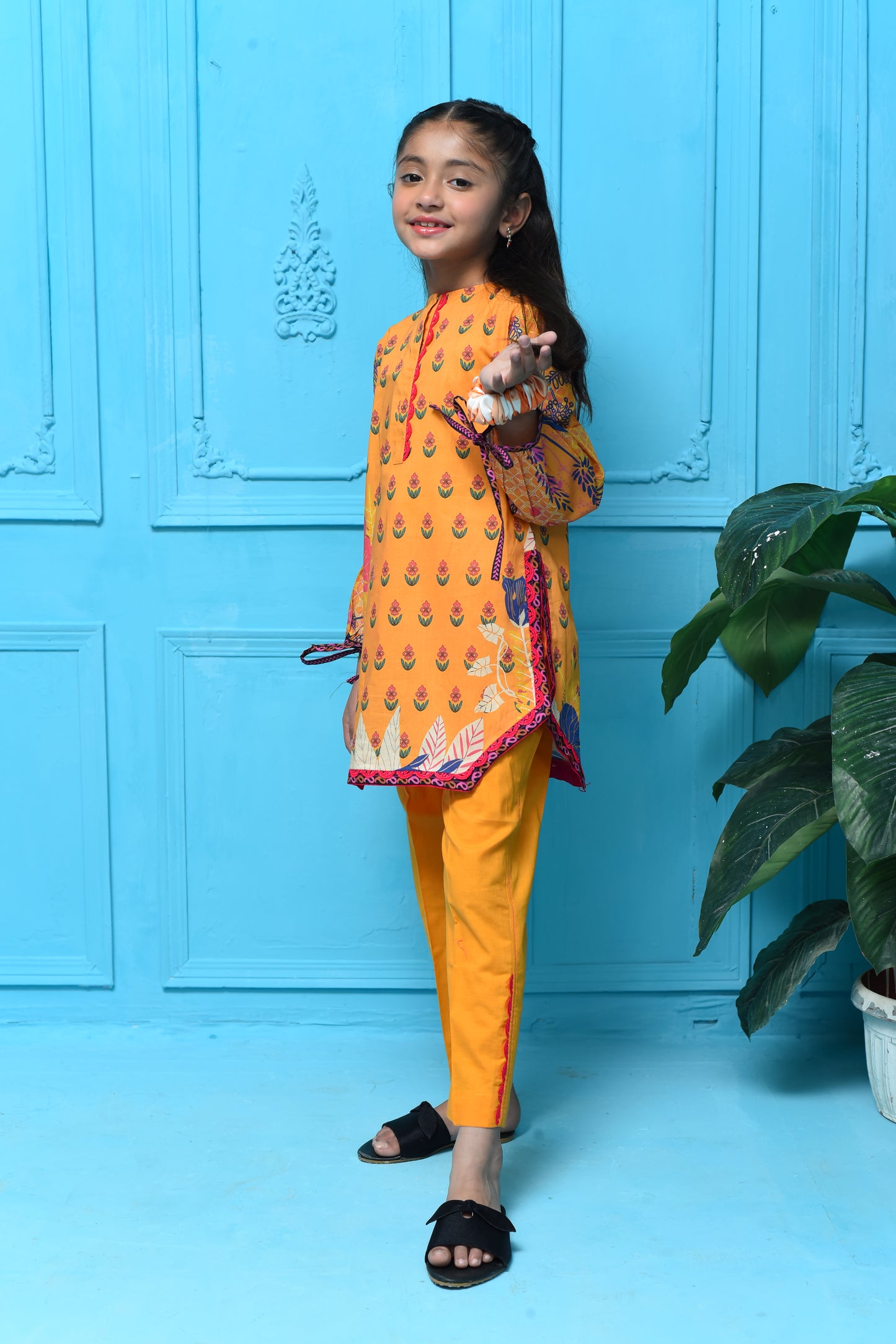 Bright Floral Printed Kids Kurta in Warm Yellow with Playful Patterns