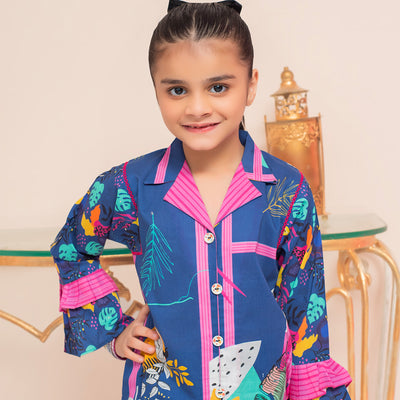 Bold and Vibrant 2 Pc Blue Printed Cotton Kurta Set for Girls with Tropical Design