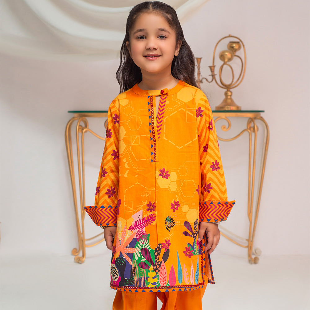 Bright Orange Kurta for Girls with Colorful Botanical and Geometric Patterns