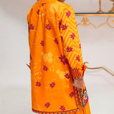 Bright Orange Kurta for Girls with Colorful Botanical and Geometric Patterns