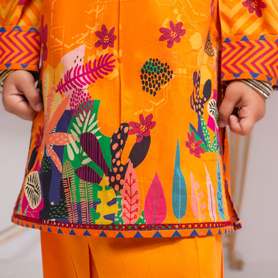 Bright Orange Kurta for Girls with Colorful Botanical and Geometric Patterns