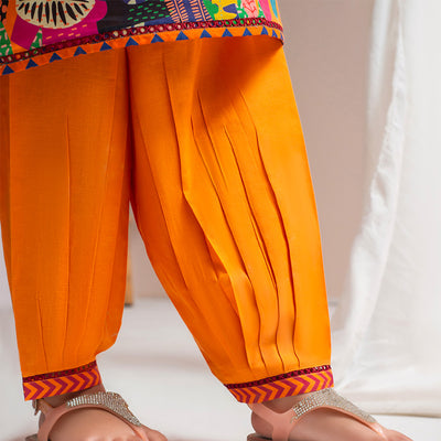 Bright Orange Kurta for Girls with Colorful Botanical and Geometric Patterns