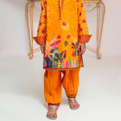 Bright Orange Kurta for Girls with Colorful Botanical and Geometric Patterns