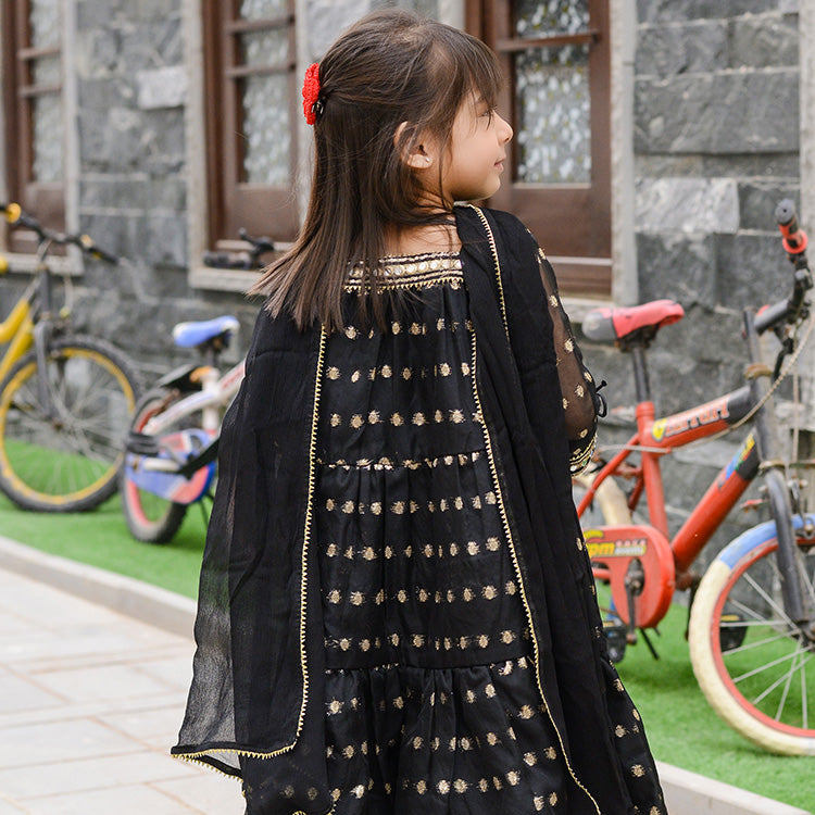 Stunning Black Ethnic Dress for Girls with Gold Embroidery and Dupatta Ready to Wear