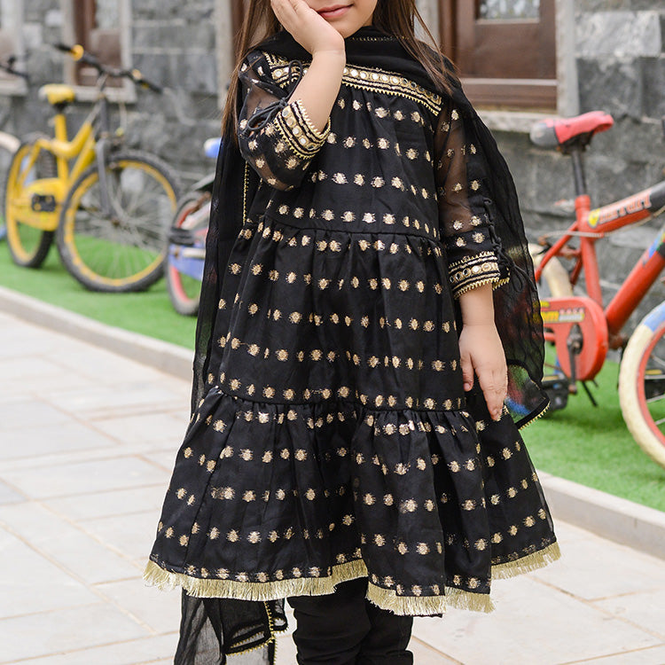 Stunning Black Ethnic Dress for Girls with Gold Embroidery and Dupatta Ready to Wear