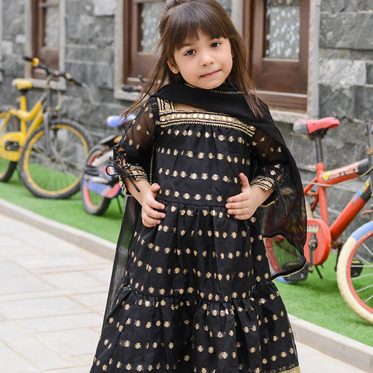 Stunning Black Ethnic Dress for Girls with Gold Embroidery and Dupatta Ready to Wear