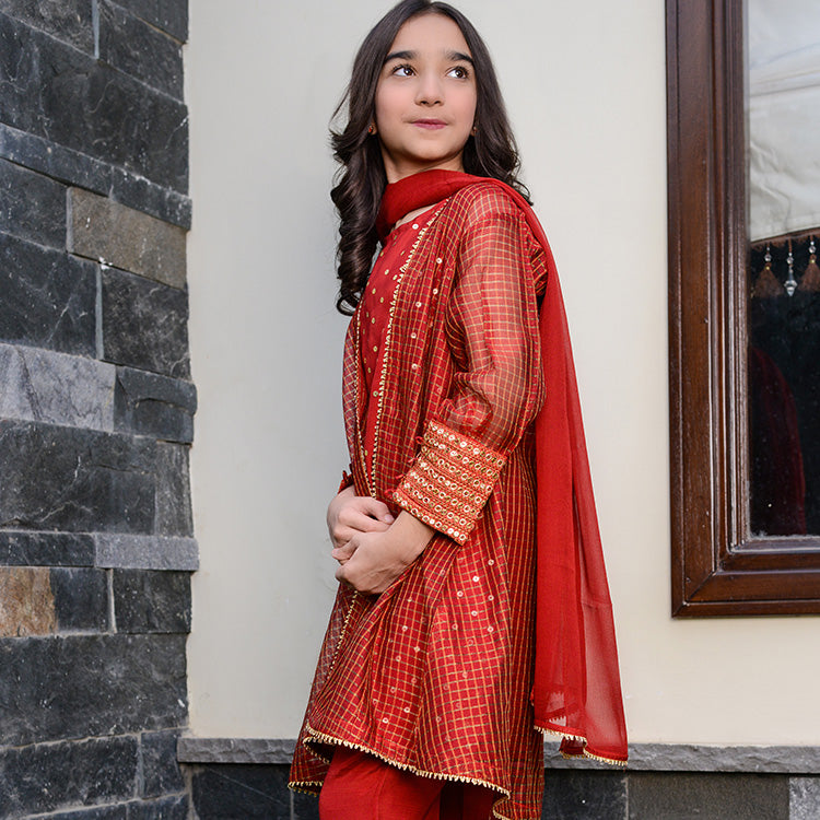 4 Pc Red Ready-to-Wear Red Festive Suit for Girls with Embellished Silk Dupatta