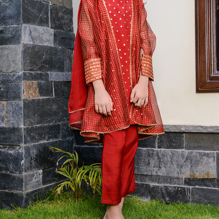 4 Pc Red Ready-to-Wear Red Festive Suit for Girls with Embellished Silk Dupatta