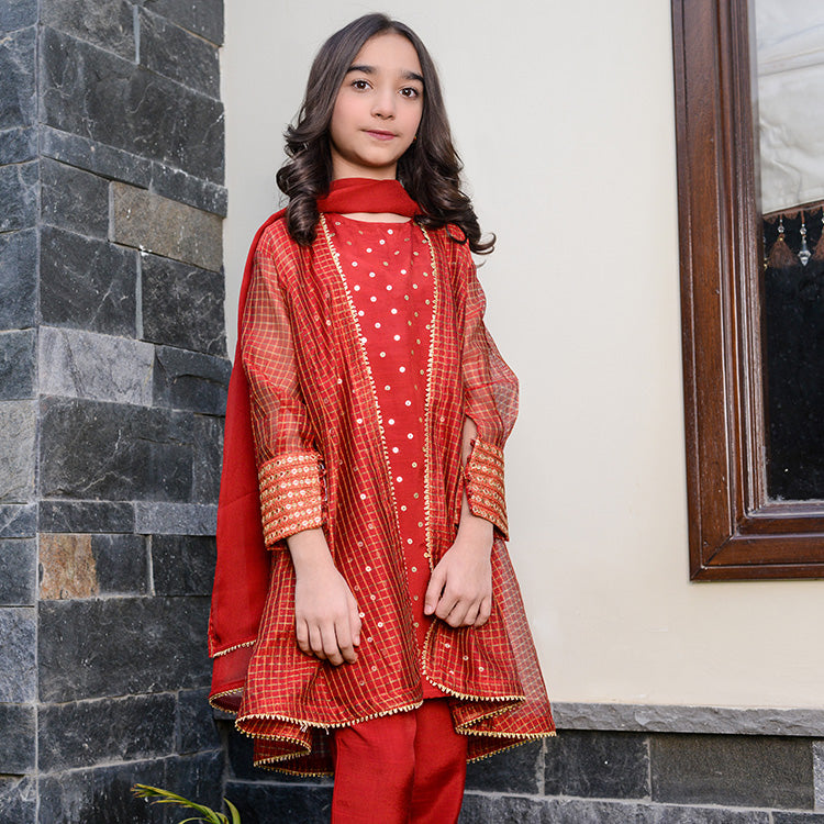 4 Pc Red Ready-to-Wear Red Festive Suit for Girls with Embellished Silk Dupatta