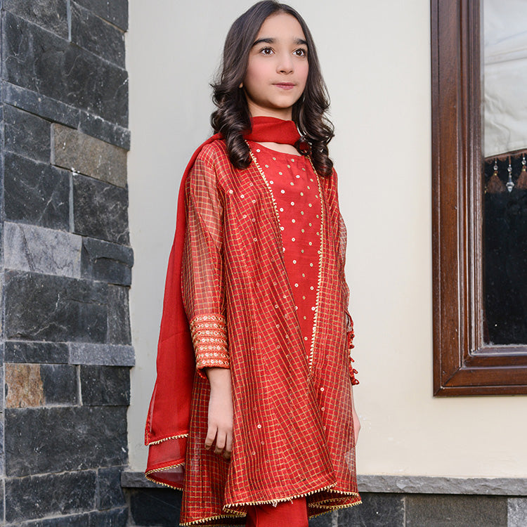 4 Pc Red Ready-to-Wear Red Festive Suit for Girls with Embellished Silk Dupatta