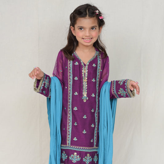 Graceful Khaddi-net Purple Embroidered Dress with Blue Dupatta for Girls