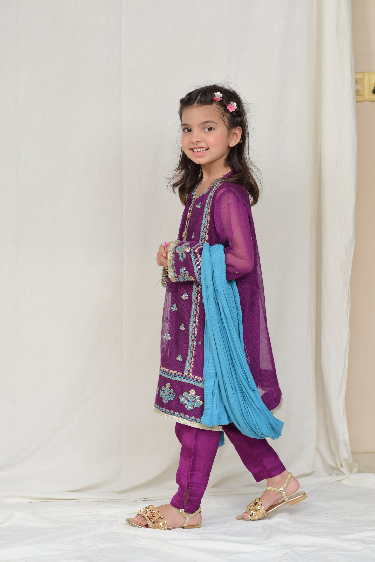 Graceful Khaddi-net Purple Embroidered Dress with Blue Dupatta for Girls