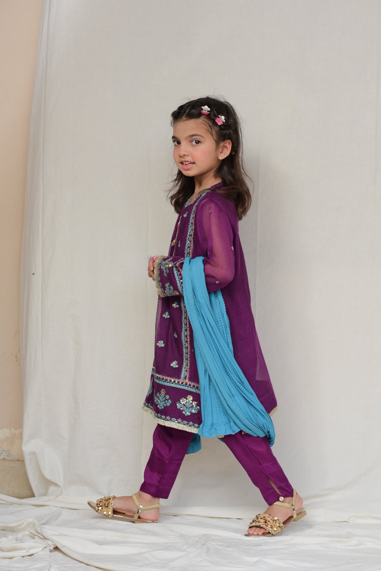 Graceful Khaddi-net Purple Embroidered Dress with Blue Dupatta for Girls