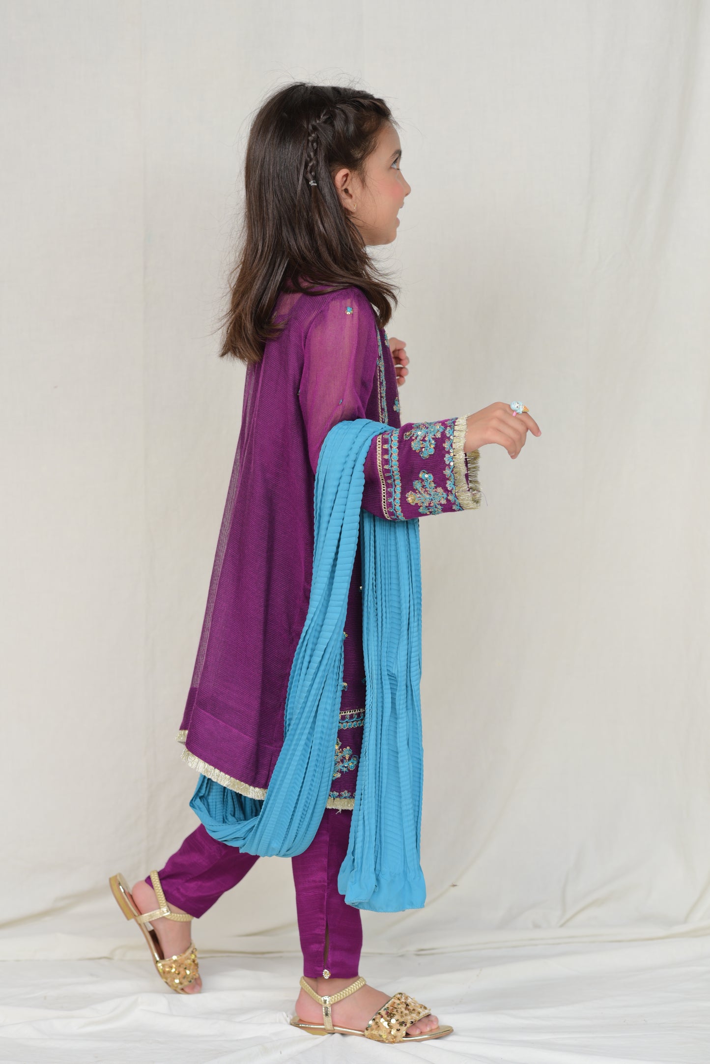 Graceful Khaddi-net Purple Embroidered Dress with Blue Dupatta for Girls