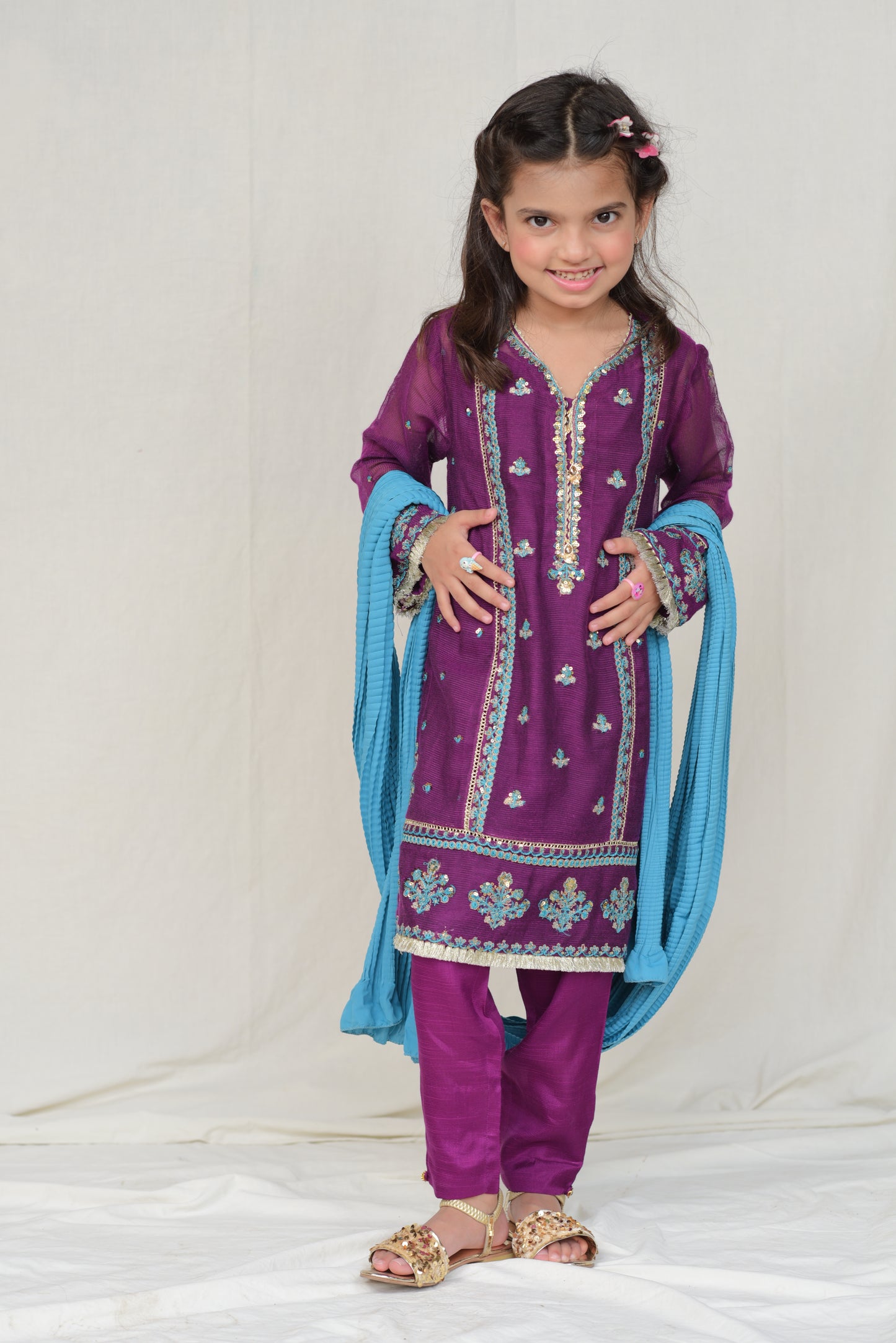 Graceful Khaddi-net Purple Embroidered Dress with Blue Dupatta for Girls