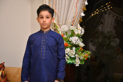 Classic Navy Blue Embroidered Kurta for Boys