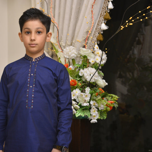 Classic Navy Blue Embroidered Kurta for Boys