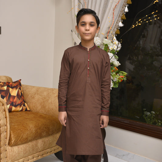 Brown Kurta for Boys with Embellished Placket and Cuff Design