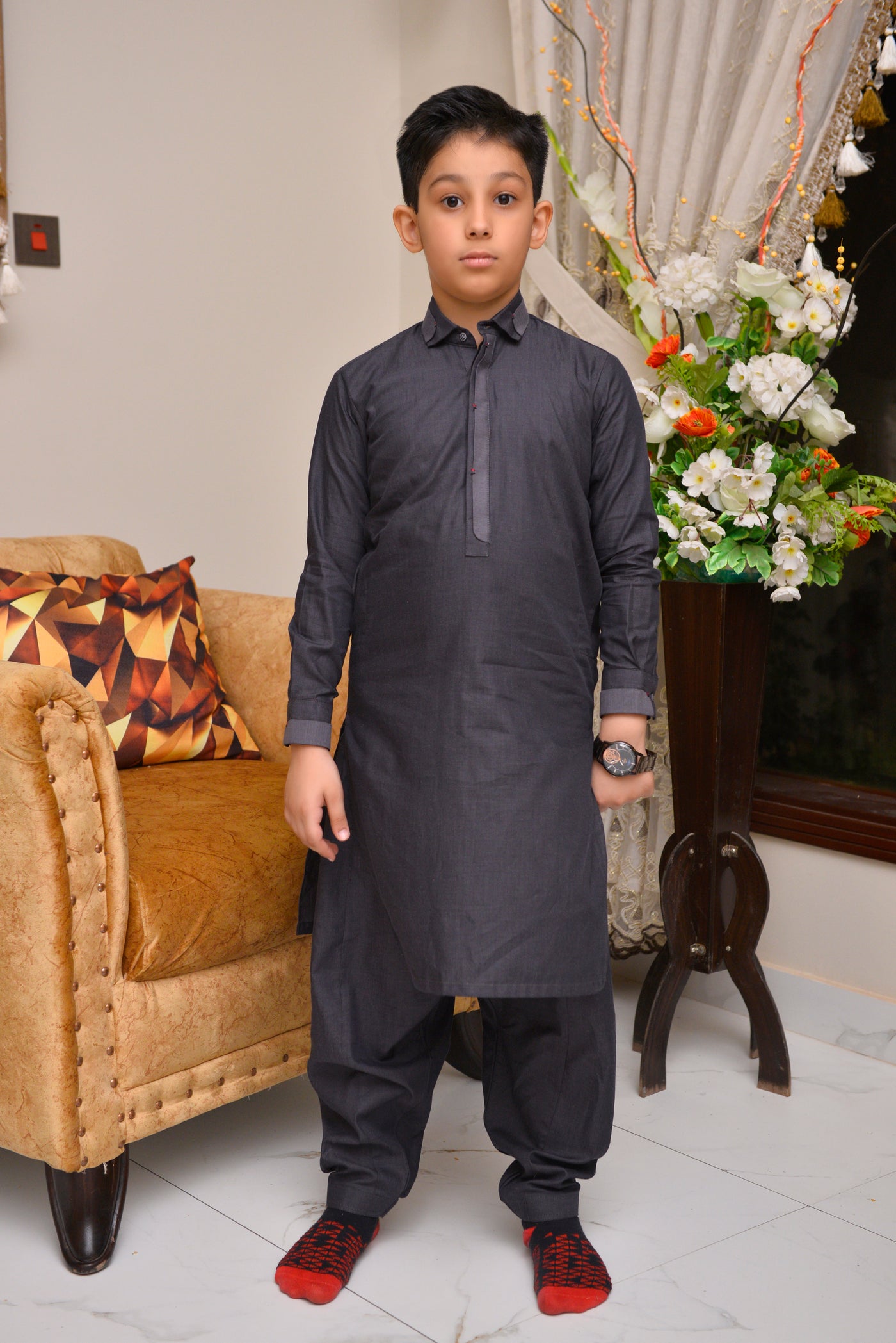 Refined 2 Pc Charcoal Kurta Set for Boys – Classic Shalwar Kameez