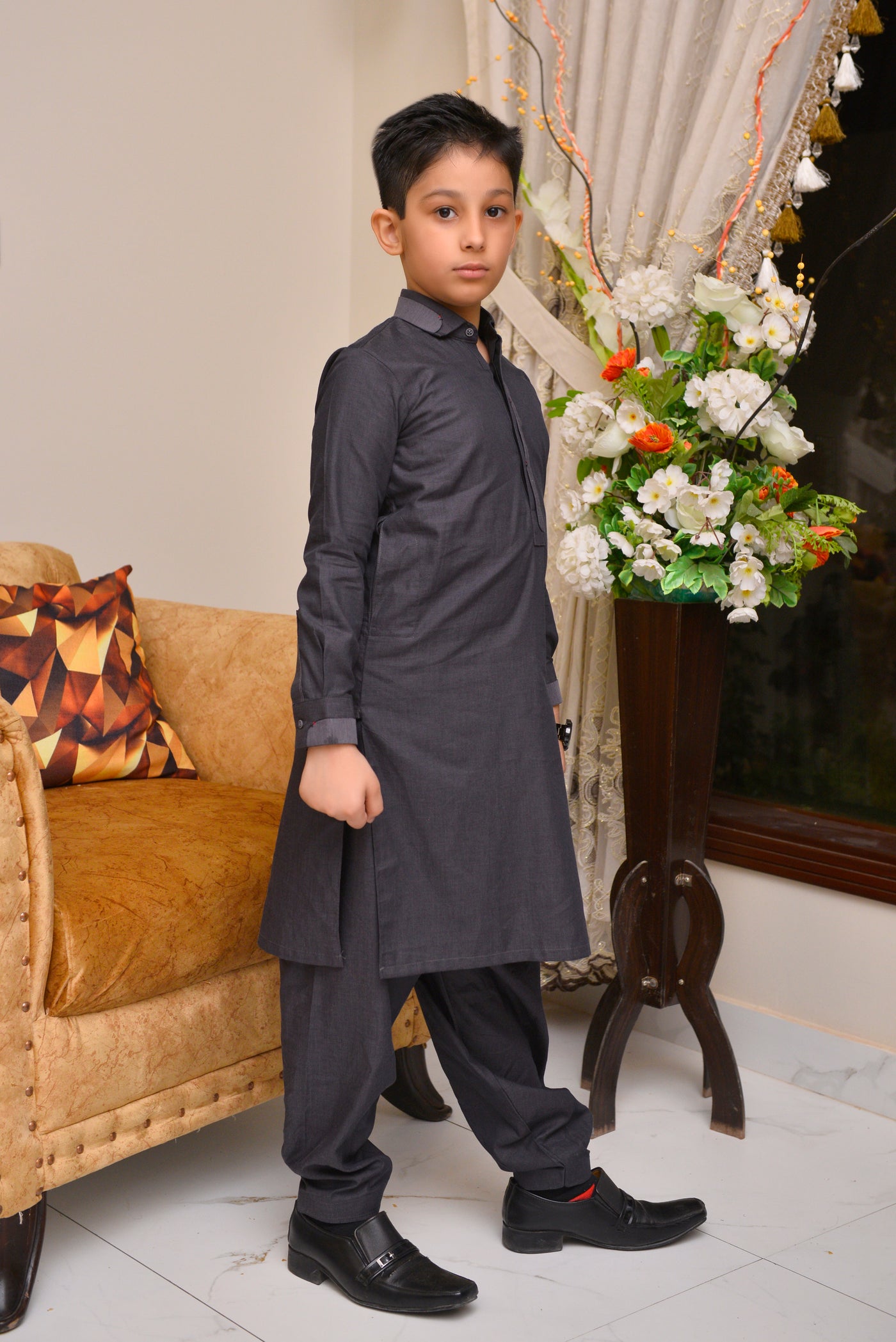 Refined 2 Pc Charcoal Kurta Set for Boys – Classic Shalwar Kameez