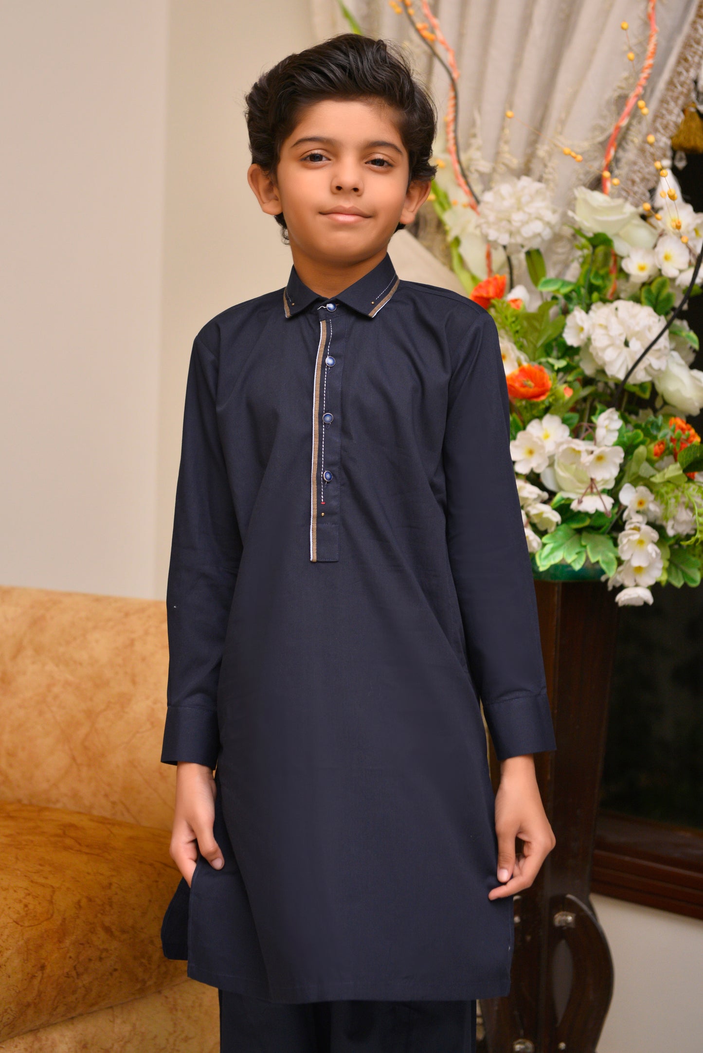 Bold Navy Blue Boys Kurta Shalwar Set - Sleek Style with Matching Shalwar