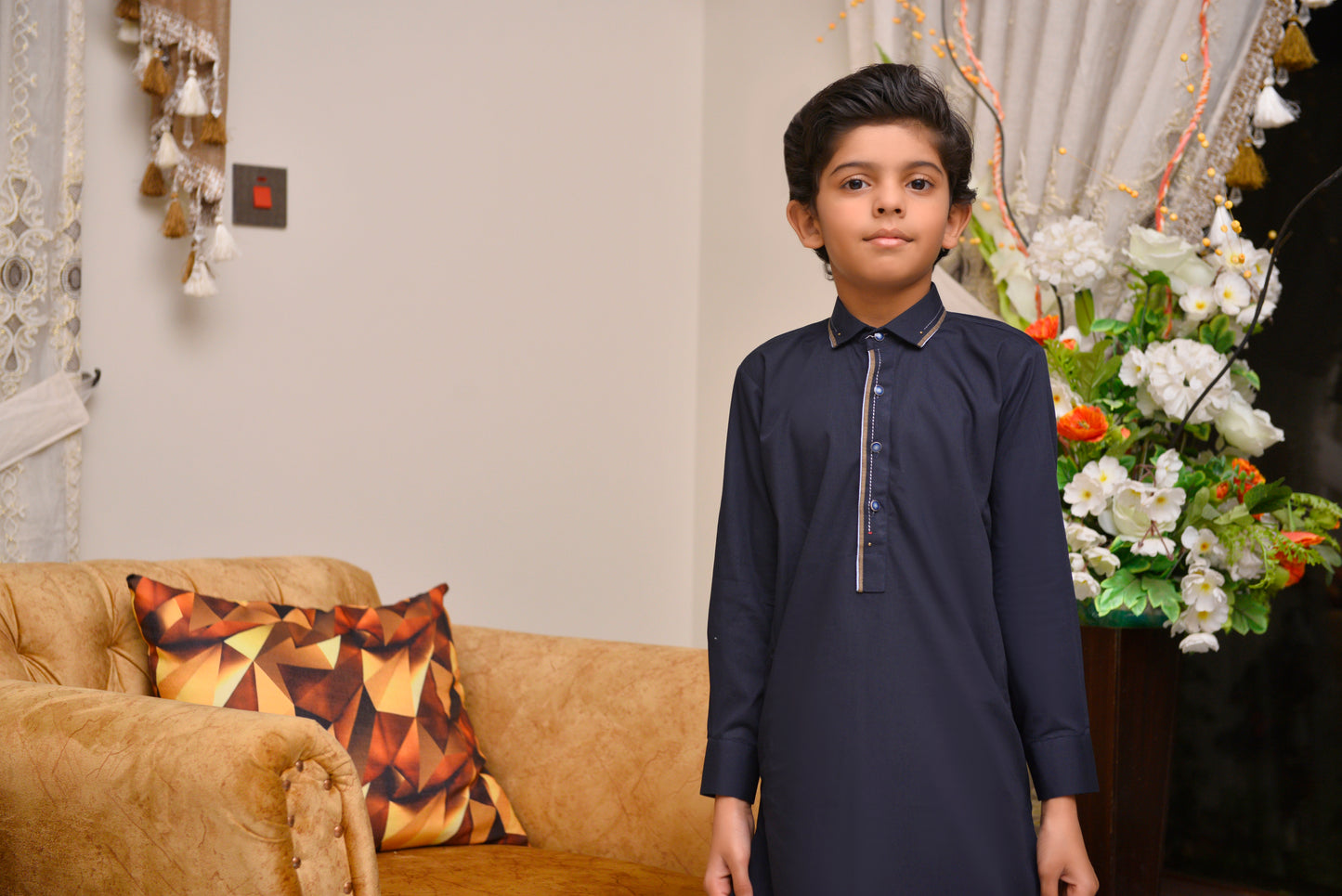 Bold Navy Blue Boys Kurta Shalwar Set - Sleek Style with Matching Shalwar