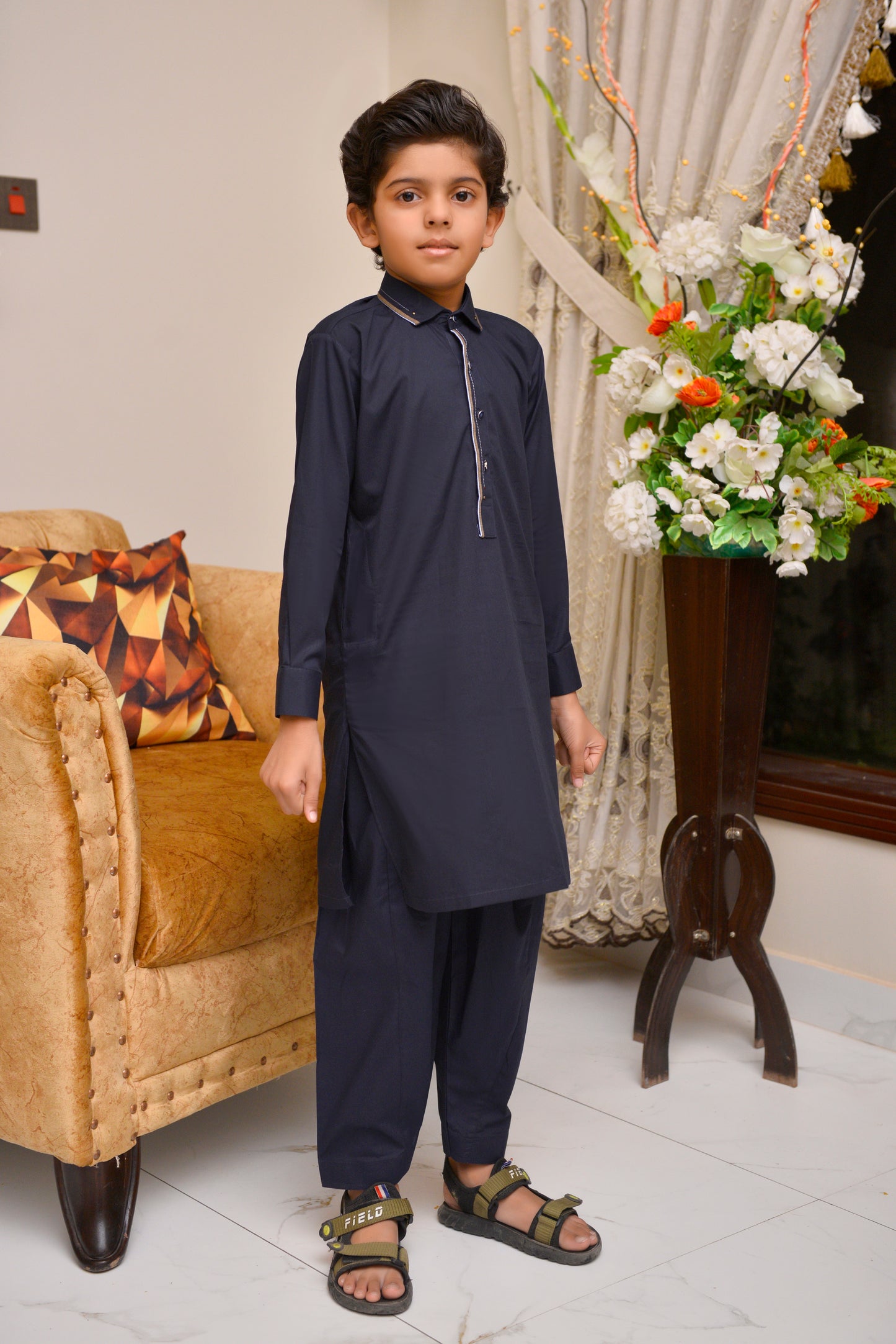 Bold Navy Blue Boys Kurta Shalwar Set - Sleek Style with Matching Shalwar