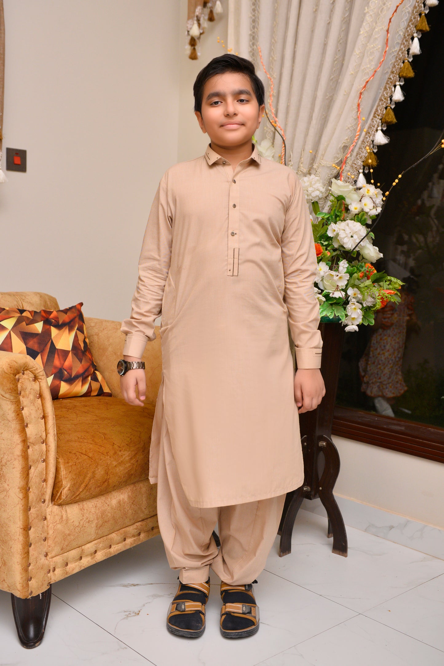 Beige Kurta for Boys - Classic Long Sleeves with Elegant Detailing