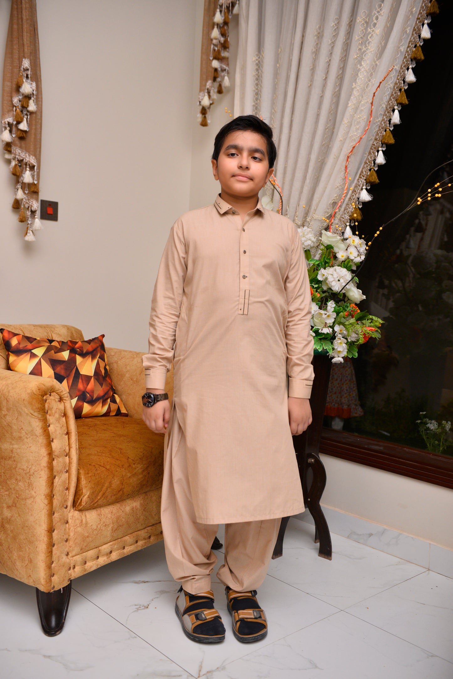 Beige Kurta for Boys - Classic Long Sleeves with Elegant Detailing