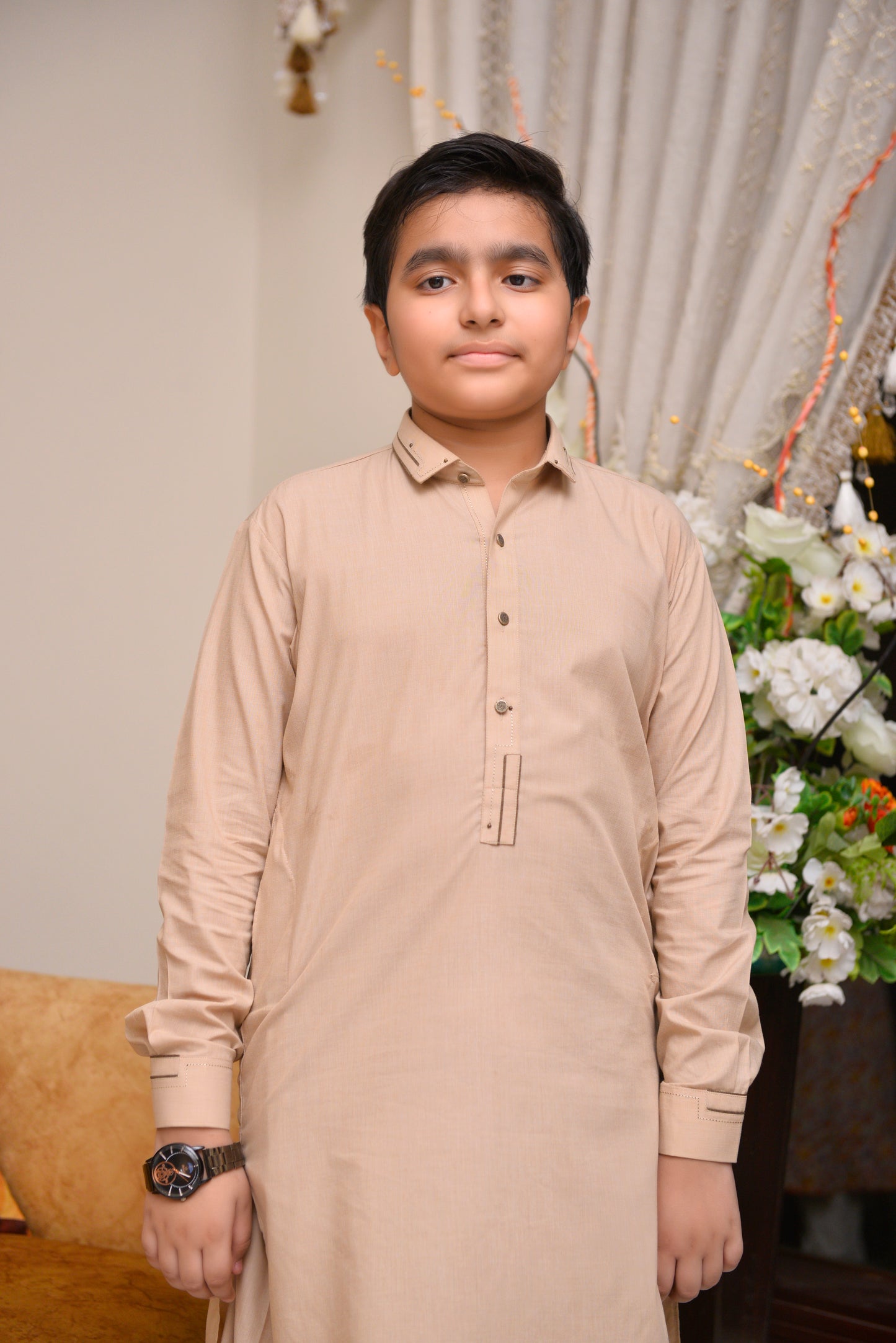 Beige Kurta for Boys - Classic Long Sleeves with Elegant Detailing