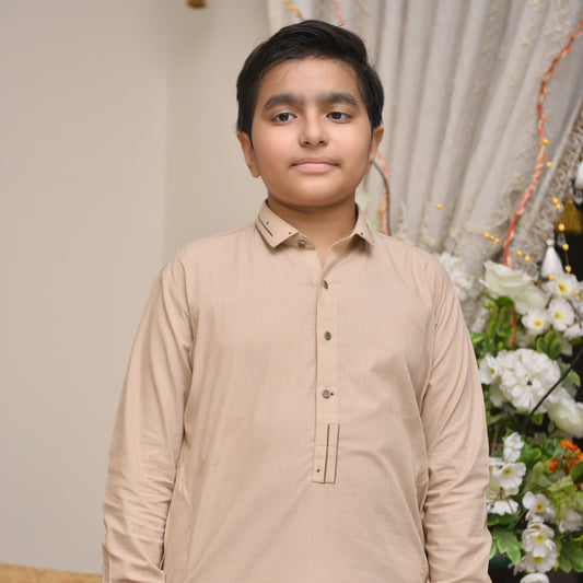 Beige Kurta for Boys - Classic Long Sleeves with Elegant Detailing