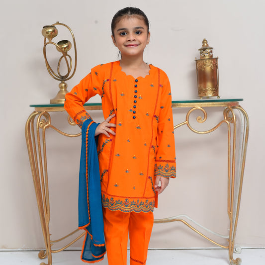 3 Pc Ready to Wear Orange Kurta for Girls - Blue Dupatta & Trousers