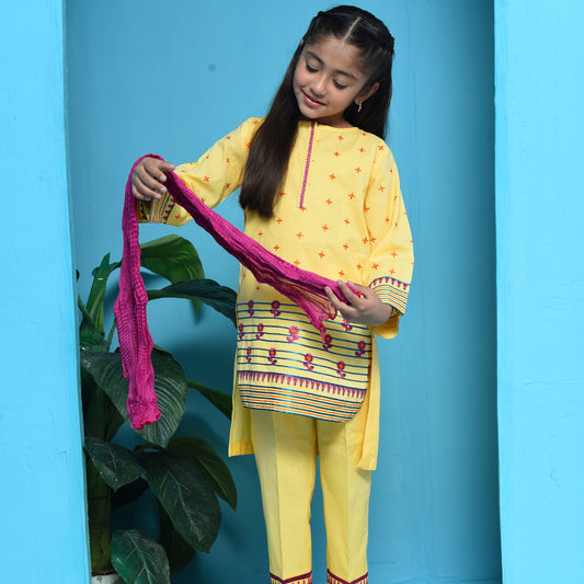 Vibrant Yellow Kids Kurta Set with Pink Embroidery and Contrast Dupatta