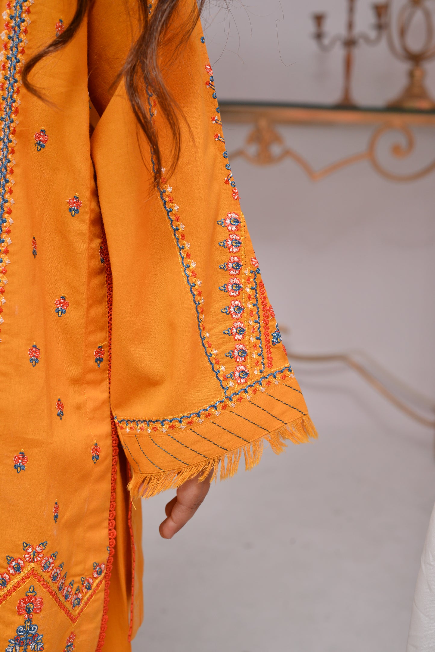 Bright Mustard Ready-to-Wear Embroidered Suit with Dupatta for Girls