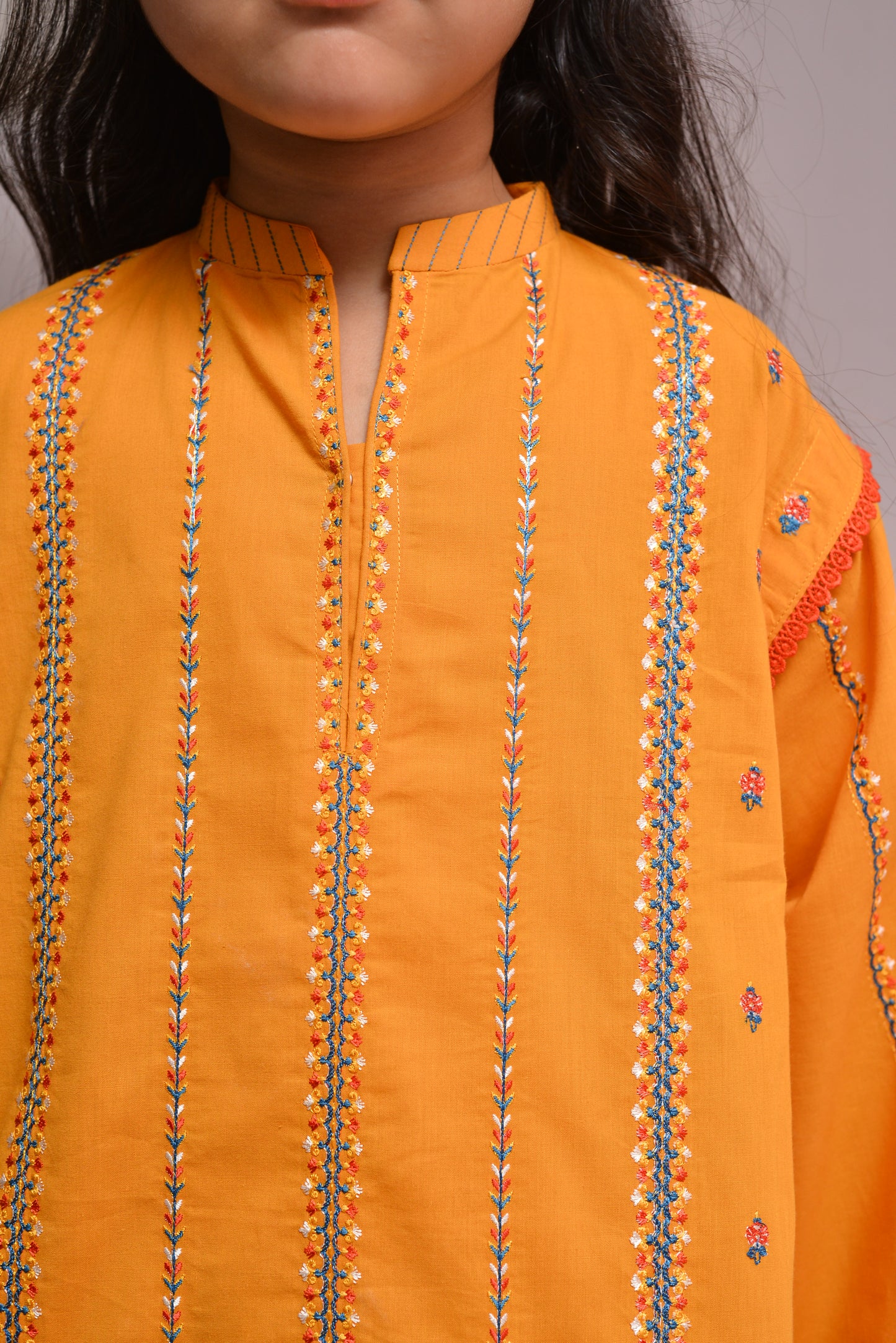 Bright Mustard Ready-to-Wear Embroidered Suit with Dupatta for Girls