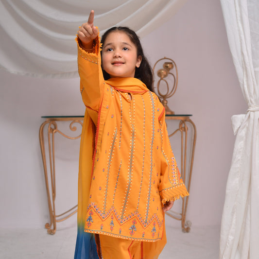 Bright Mustard Ready-to-Wear Embroidered Suit with Dupatta for Girls