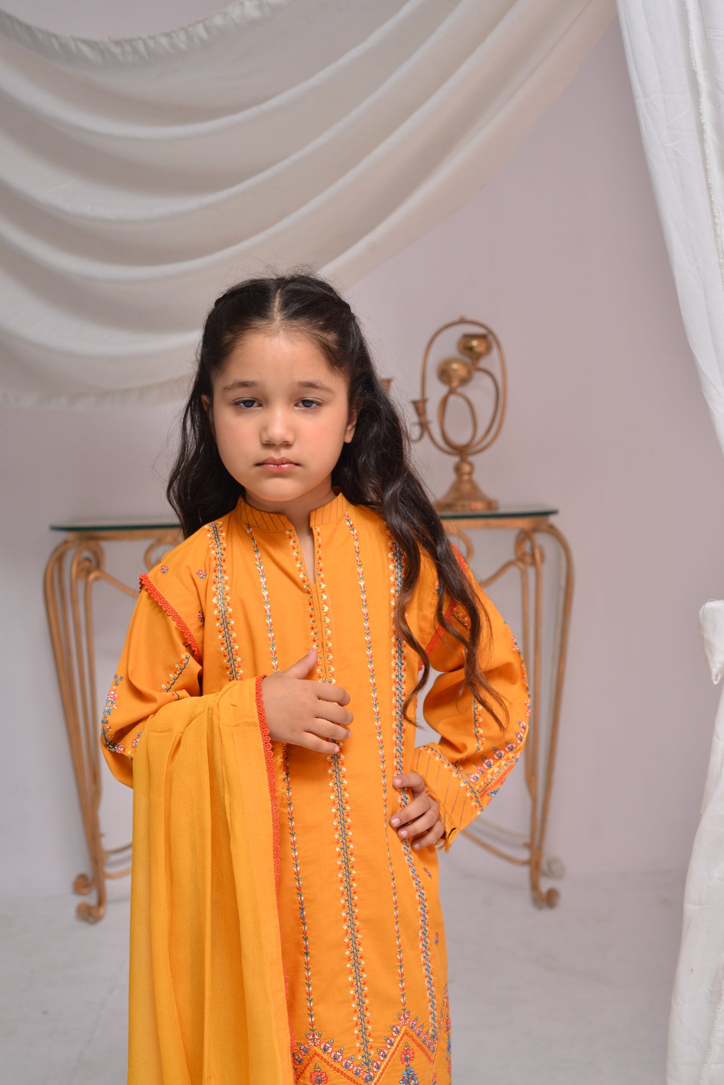 Bright Mustard Ready-to-Wear Embroidered Suit with Dupatta for Girls