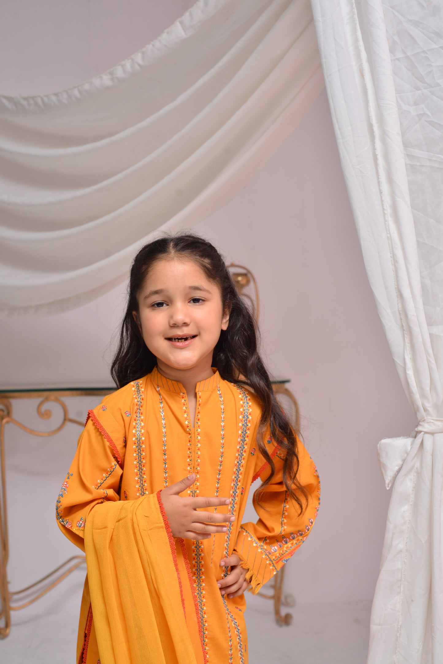 Bright Mustard Ready-to-Wear Embroidered Suit with Dupatta for Girls