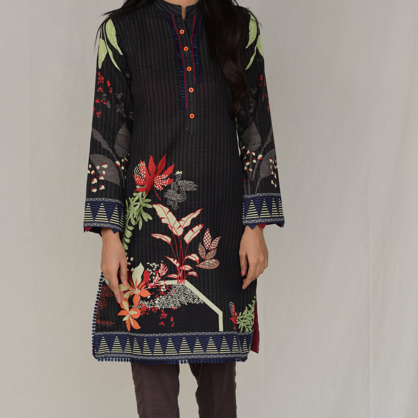 Stylish Black Floral Printed Kurta Set with Earthy Tones and Modern Touch