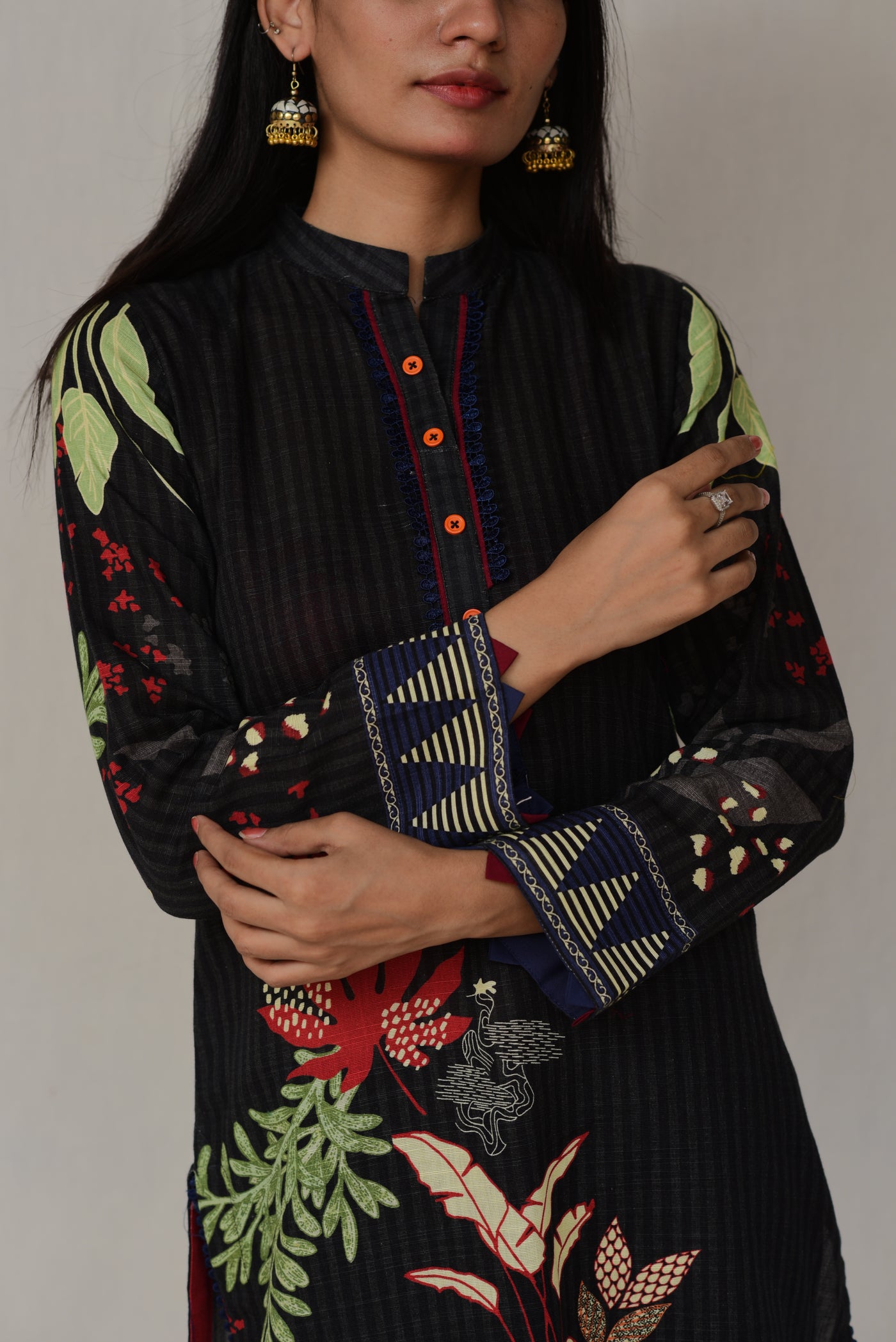 Stylish Black Floral Printed Kurta Set with Earthy Tones and Modern Touch