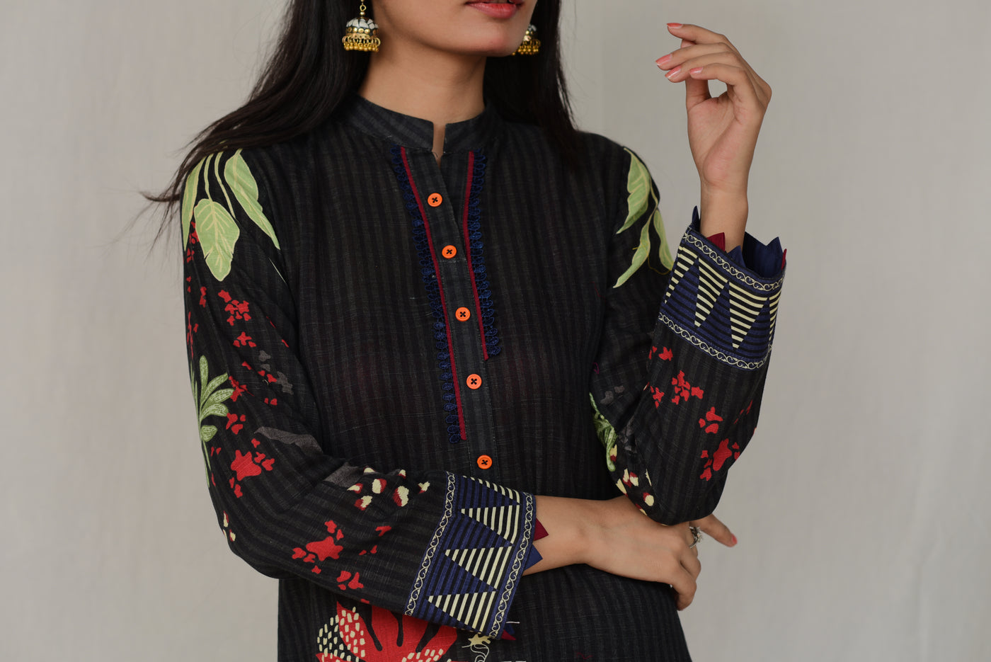 Stylish Black Floral Printed Kurta Set with Earthy Tones and Modern Touch