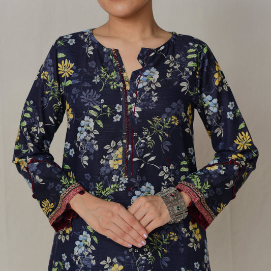 2 Pc Elegant Floral Navy KurtI for Women - Matching Straight Pants